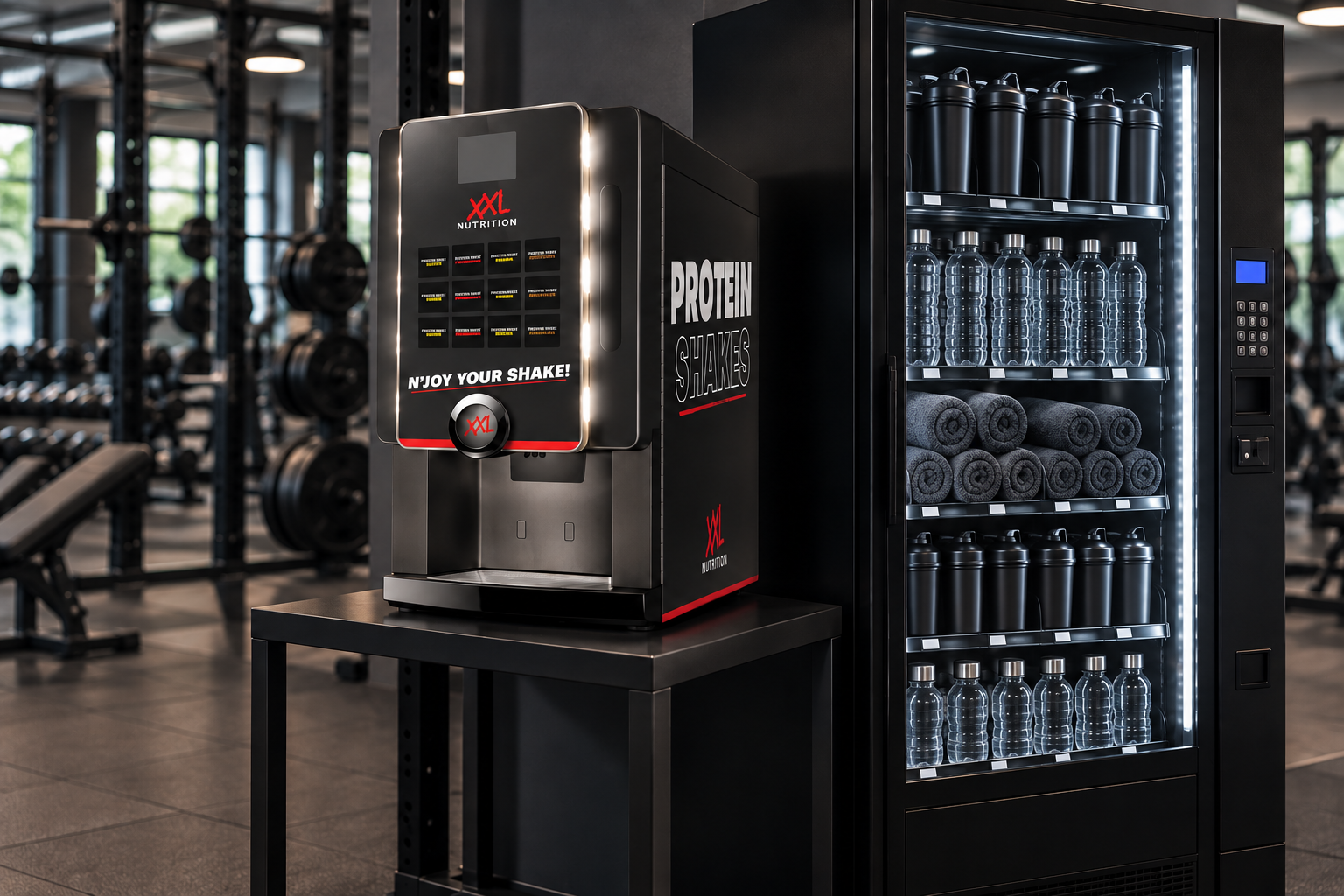 Compacte shakeautomaat op een zwart tafeltje naast een aparte automaat met sportbidons, waterflessen en handdoeken